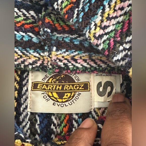 Earth Ragz Vintage 90s Mexican Blanket Baja Joe Red Black Blue Hoodie Mens S - Picture 8 of 8